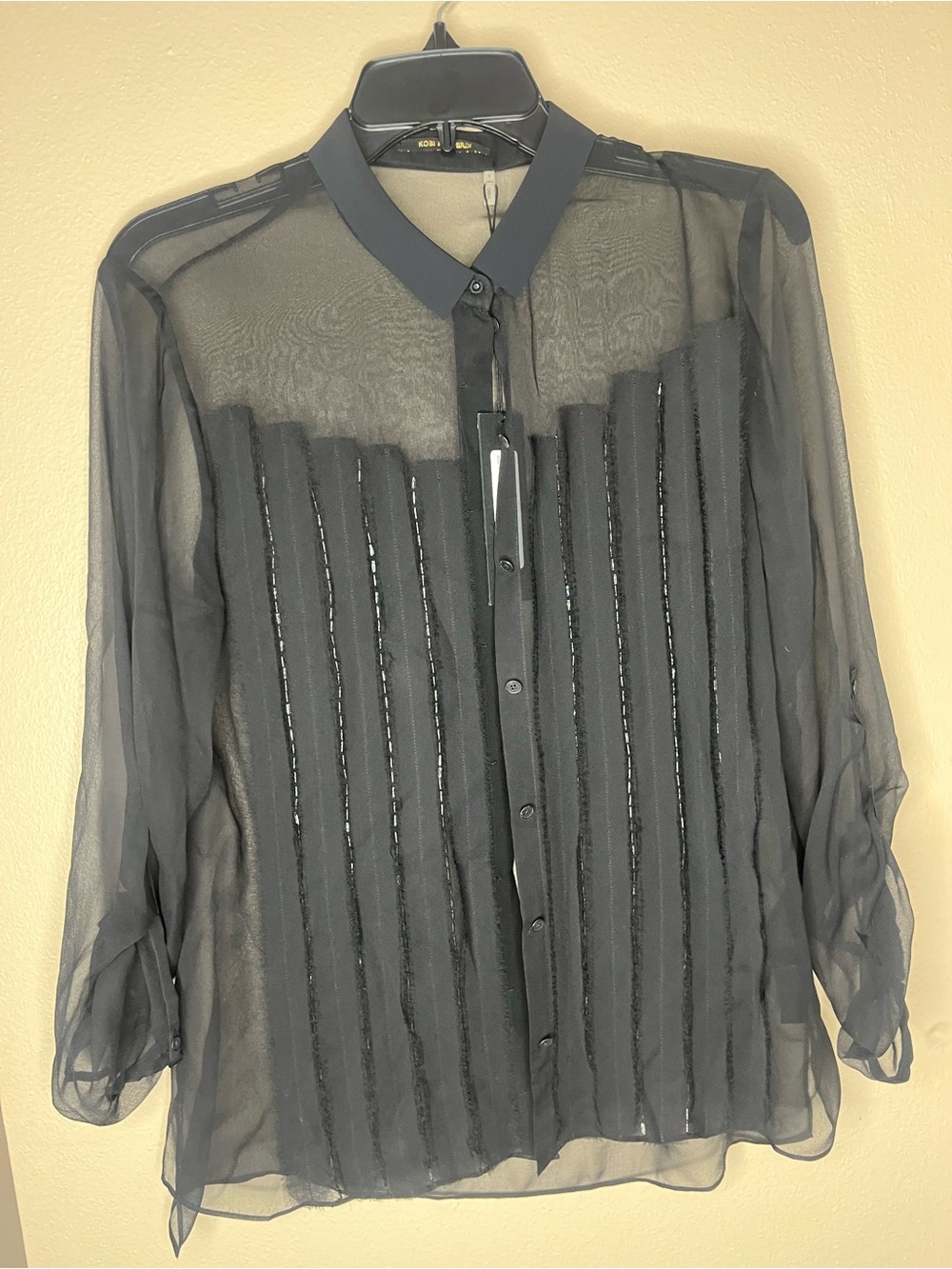 Kobi Halperin Black Embellished Sheer Button-Up JoanBlouse with Vertical Trim Sm